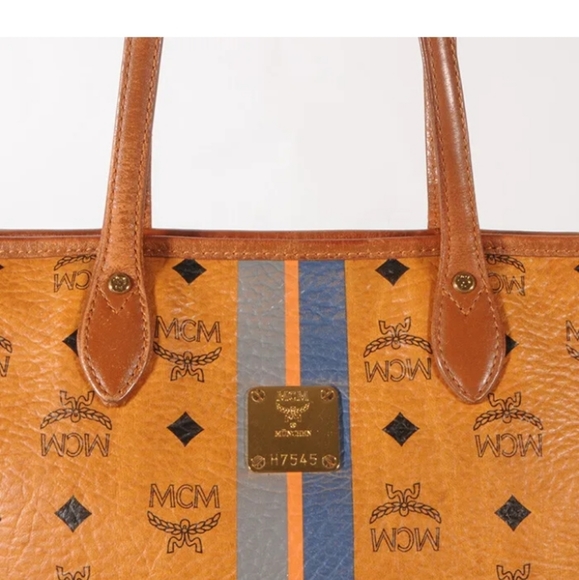 MCM Authentic Visetos  Shopper Tote Bag Yellow Gold Cognac Brown Blue Striped - Picture 11 of 16